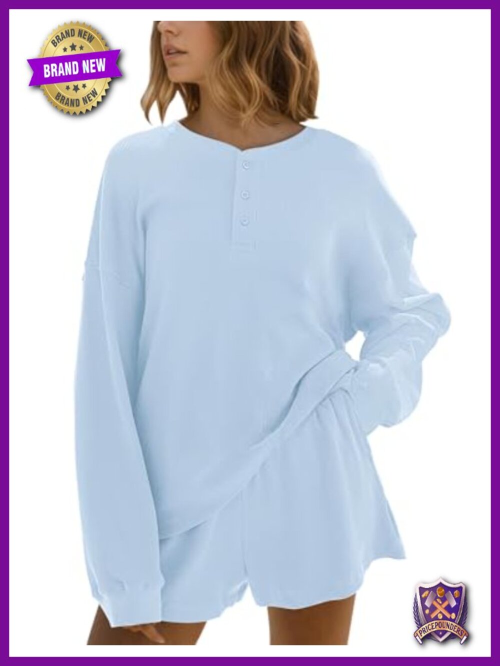 Waffle Knit 2 Piece Lounge Set Long Sleeve Henley Sweatshirt & Shorts